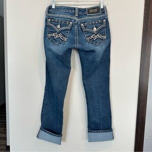 Miss Me Denim Jeans Easy Capri Rolled Adjustable Straight Leg Rhinestones Bling